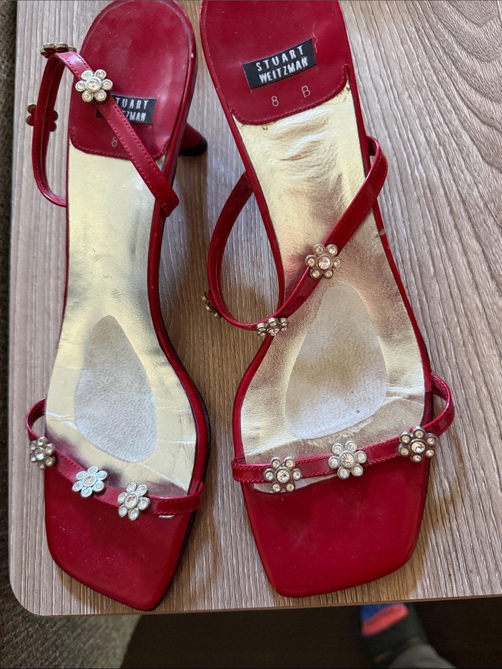Stuart Weitzman Red Floral Crystal Strap Heels